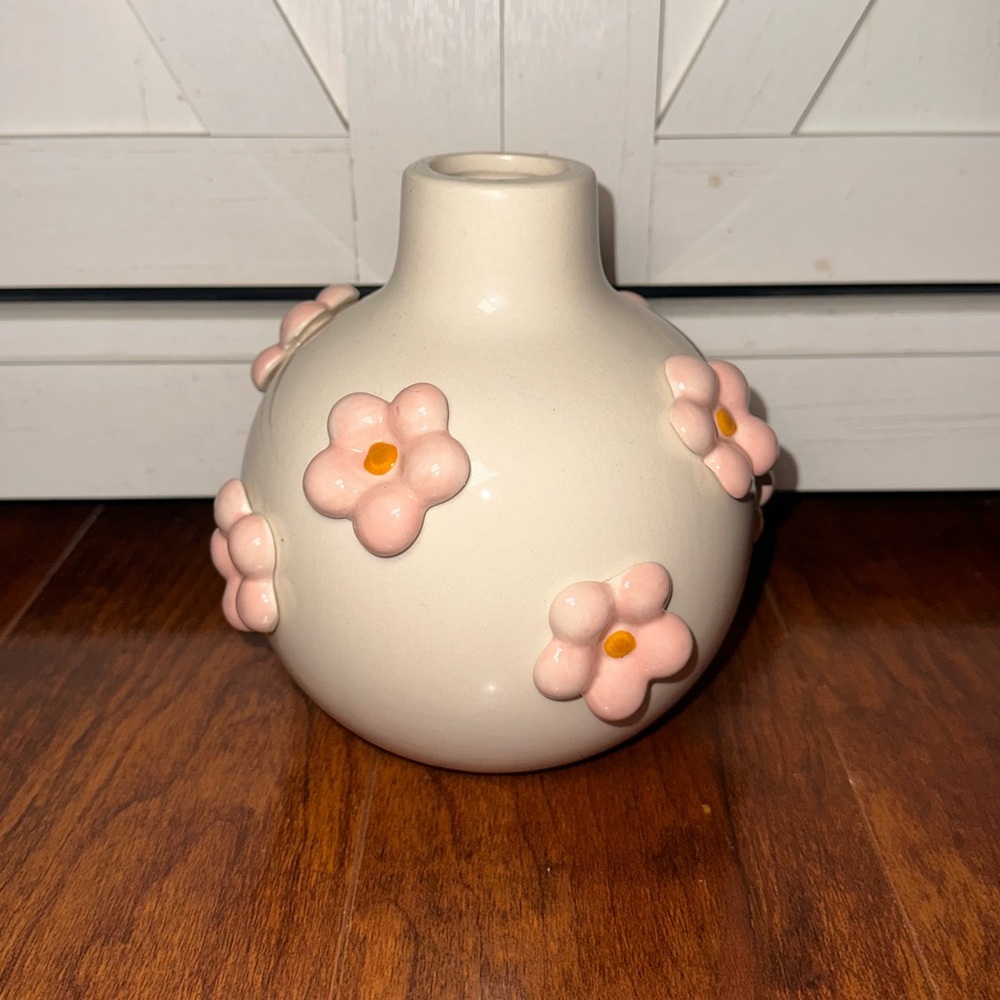 Floral Ceramic Vase with Pink Floral Accents